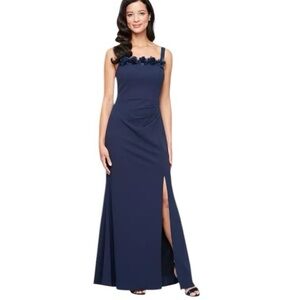 Alex Evenings Rosette Trim Gown Navy Blue Sleeveless Long Dress Size 18